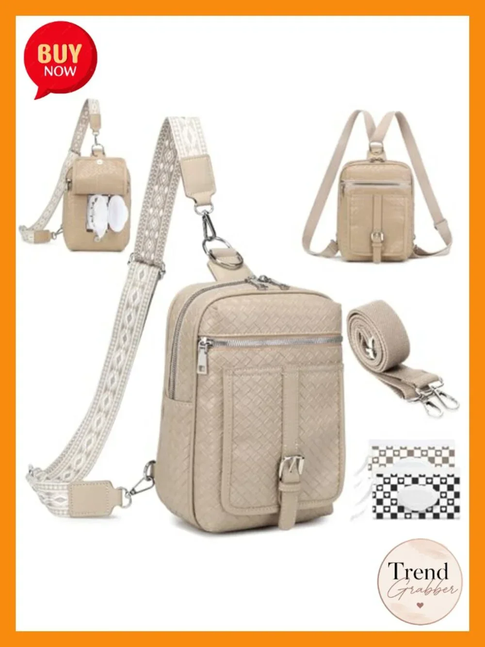 Mini Diaper Bag Crossbody Sling Purse with Instant Wipes Pocket Vegan Leather